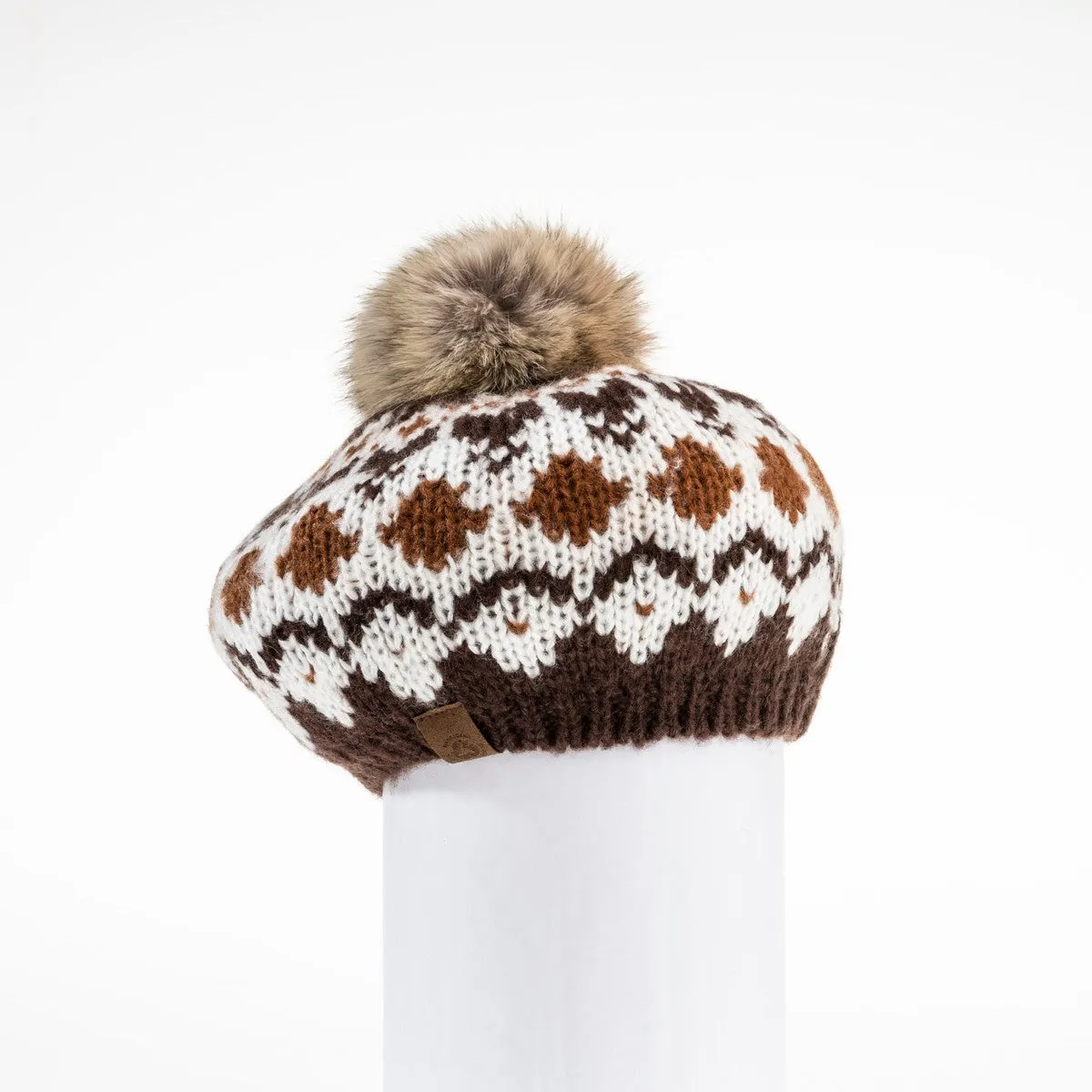 CHUNKY SKI KNIT BERET HAT WITH UPCYCLED FUR POM