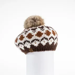 CHUNKY SKI KNIT BERET HAT WITH UPCYCLED FUR POM