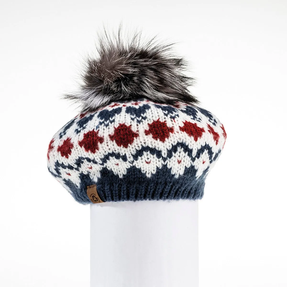 CHUNKY SKI KNIT BERET HAT WITH UPCYCLED FUR POM