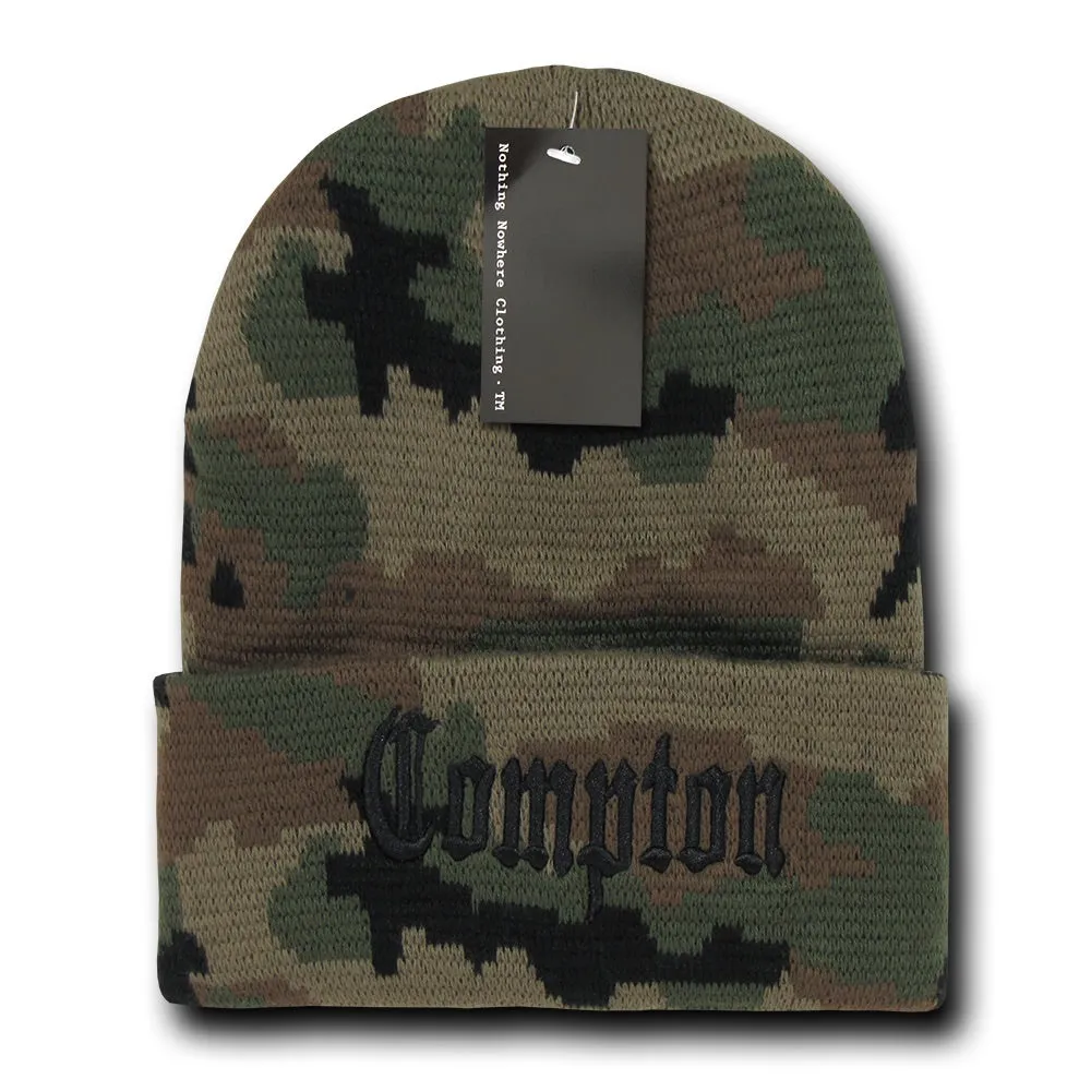 Compton City Beanie Knit Cap, Camo/Black