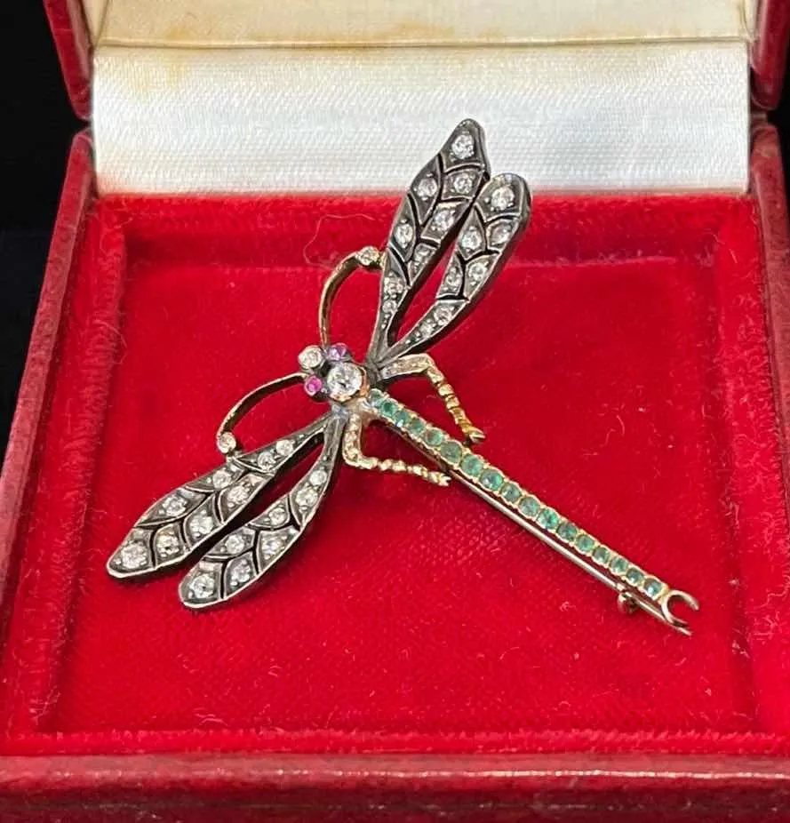 Edwardian Diamond, Ruby and Emerald Dragonfly Brooch