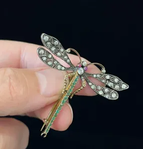 Edwardian Diamond, Ruby and Emerald Dragonfly Brooch