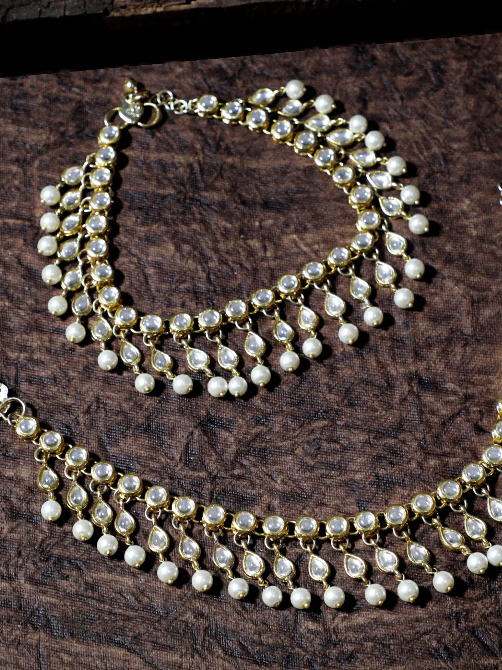 Gold-Plated Kundan & Pearls Studded Anklets