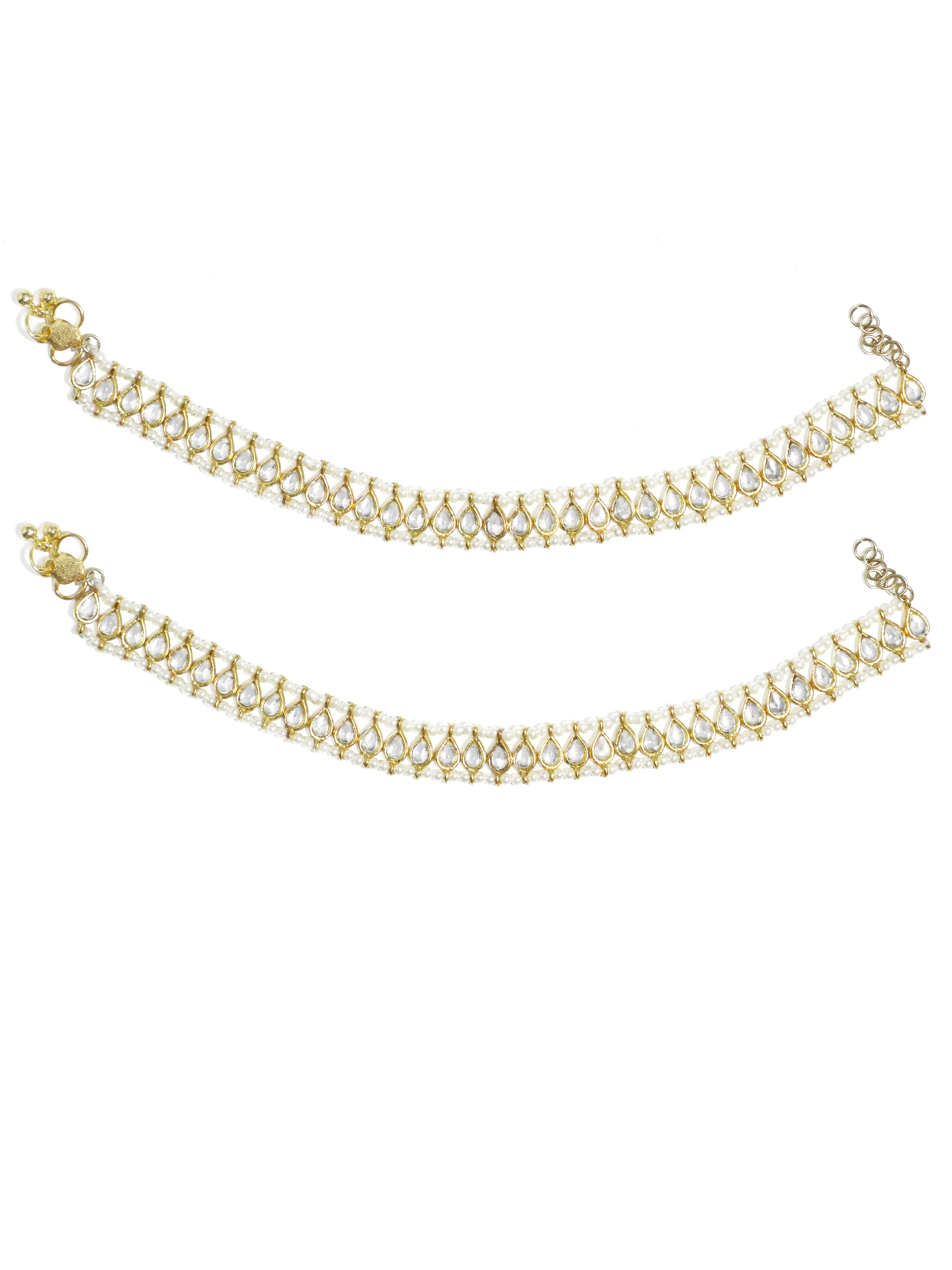 Gold Plated White Kundan-Studded Beaded Anklets