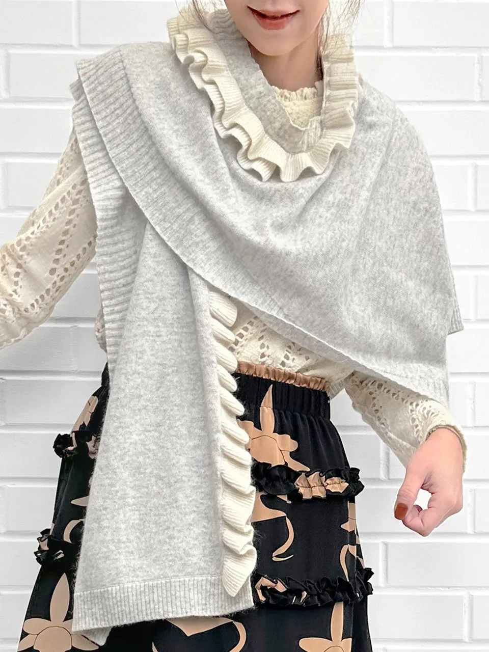 Grey/ Ivory Asymmetric Ruffles Luxuries Wool Ruana - Scarf