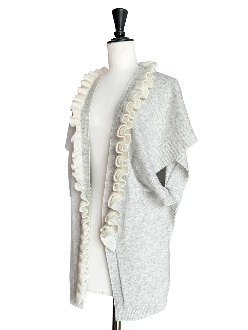 Grey/ Ivory Asymmetric Ruffles Luxuries Wool Ruana - Scarf