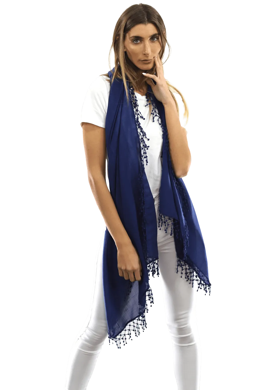 Lace Pom Pom Wool/Silk Scarf-Navy