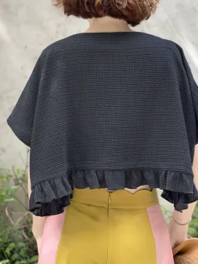 Last Chance! Asphalt Grey Drop Sleeve Boxy Frilly Crop Top