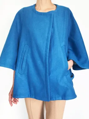 Last Chance! Sweet Blue Collarless Woollen Cape Coat