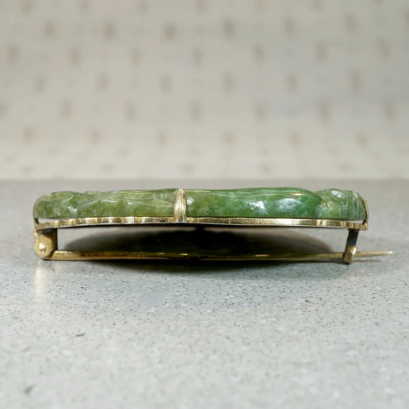 Luxuriant Greenery Carved Jade & Silver Gilt Brooch