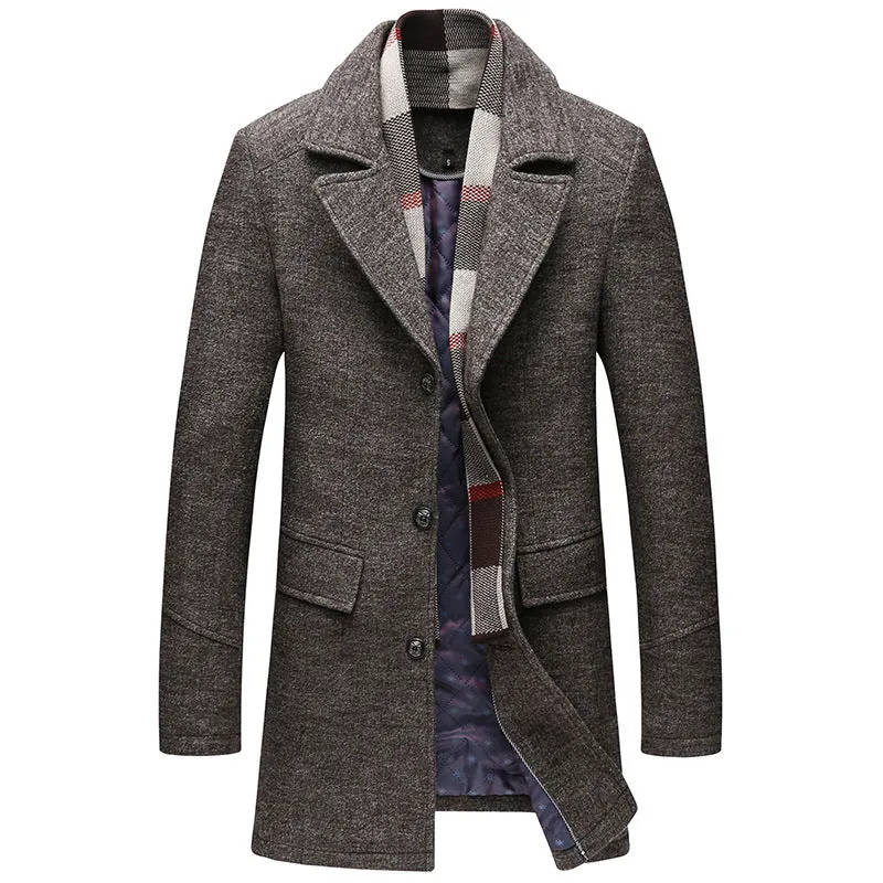 Men's Business Casual Slim Fit Scarf Wool Coat