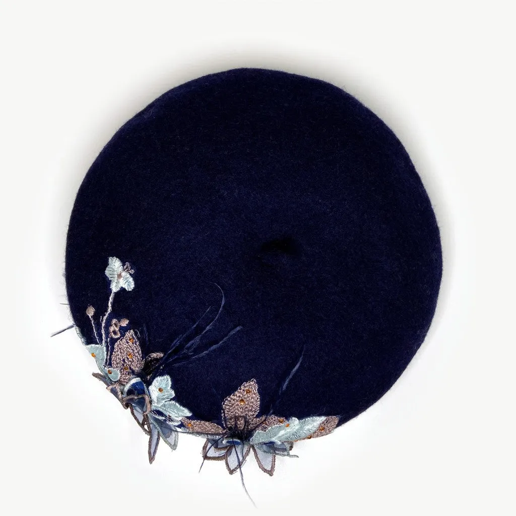 Odette Feather Embroidered Beret - Navy