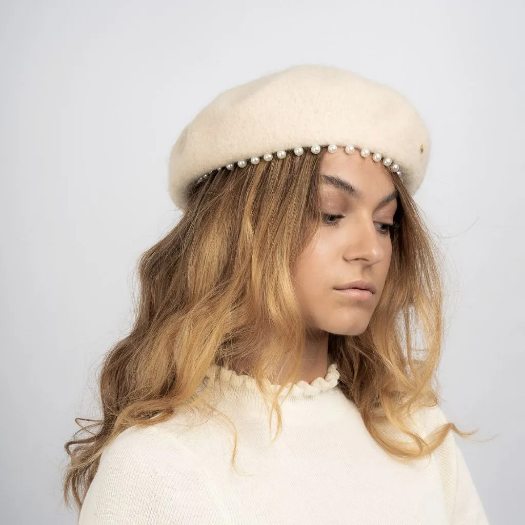 Patricia Pearl Trim Wool Beret - Cream