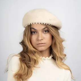 Patricia Pearl Trim Wool Beret - Cream