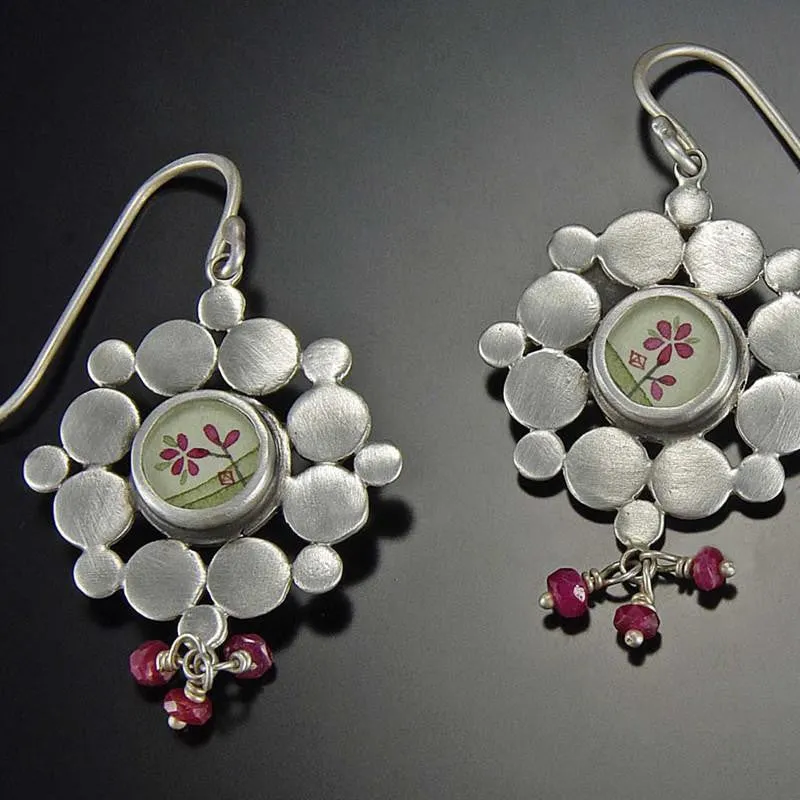 Plum Blossom Mandala Earrings with Rubies