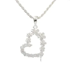 Sterling Silver Half Plumeria, Half CZ Heart Pendant (Chain Sold Separately)