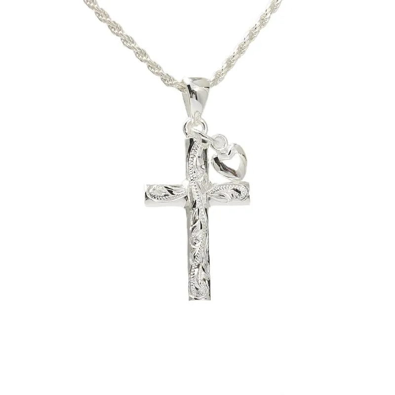 Sterling Silver Hawaiian Scroll Cross with Heart Pendant (Chain Sold Separately)