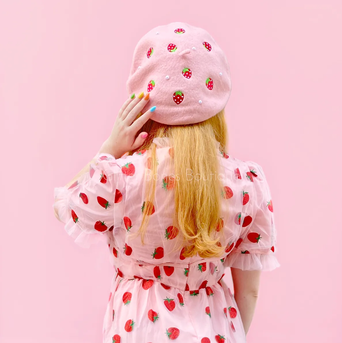 Strawberry Beret Embroidered With Pearls - MULTIPLE COLORS AVAILABLE