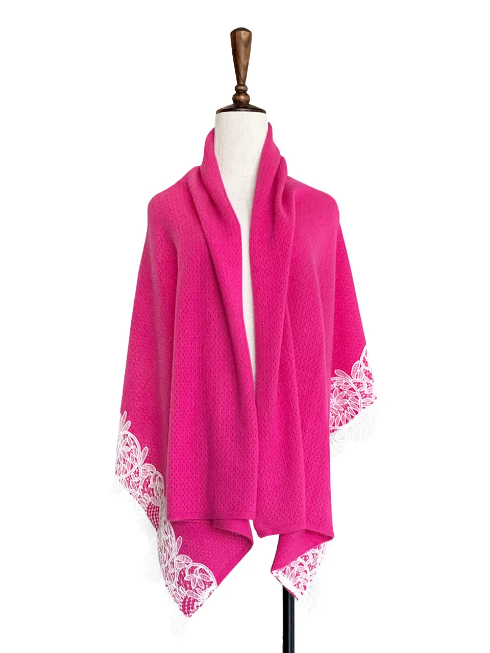 Surprise Sale! Fuchsia Embroidery Lace Trims Pure Luxe Cashmere Wrap