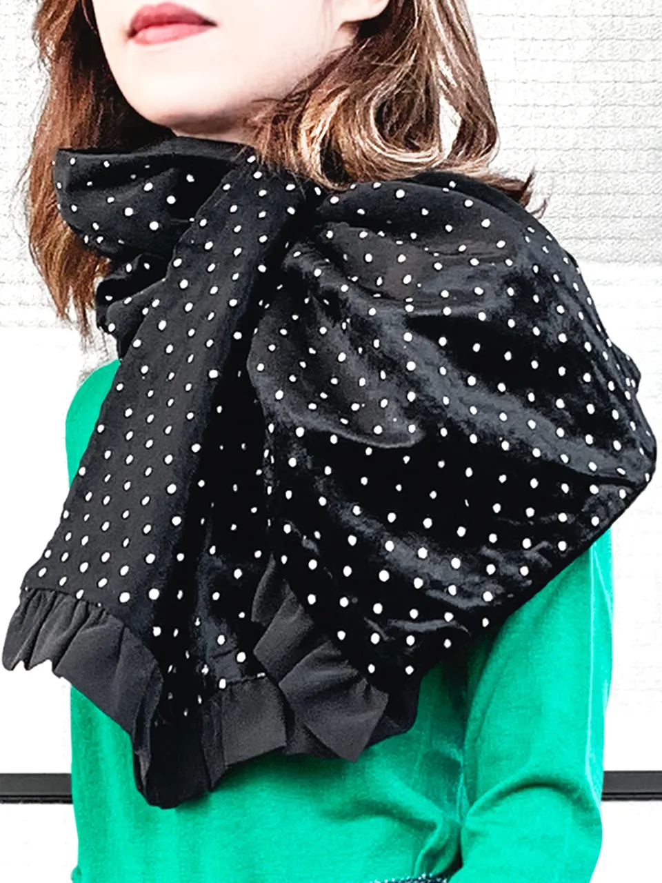 Surprise Sale! Reversible Velvet Dots & Embossed Houndstooth Ruffle Trim Pull Through Scarf