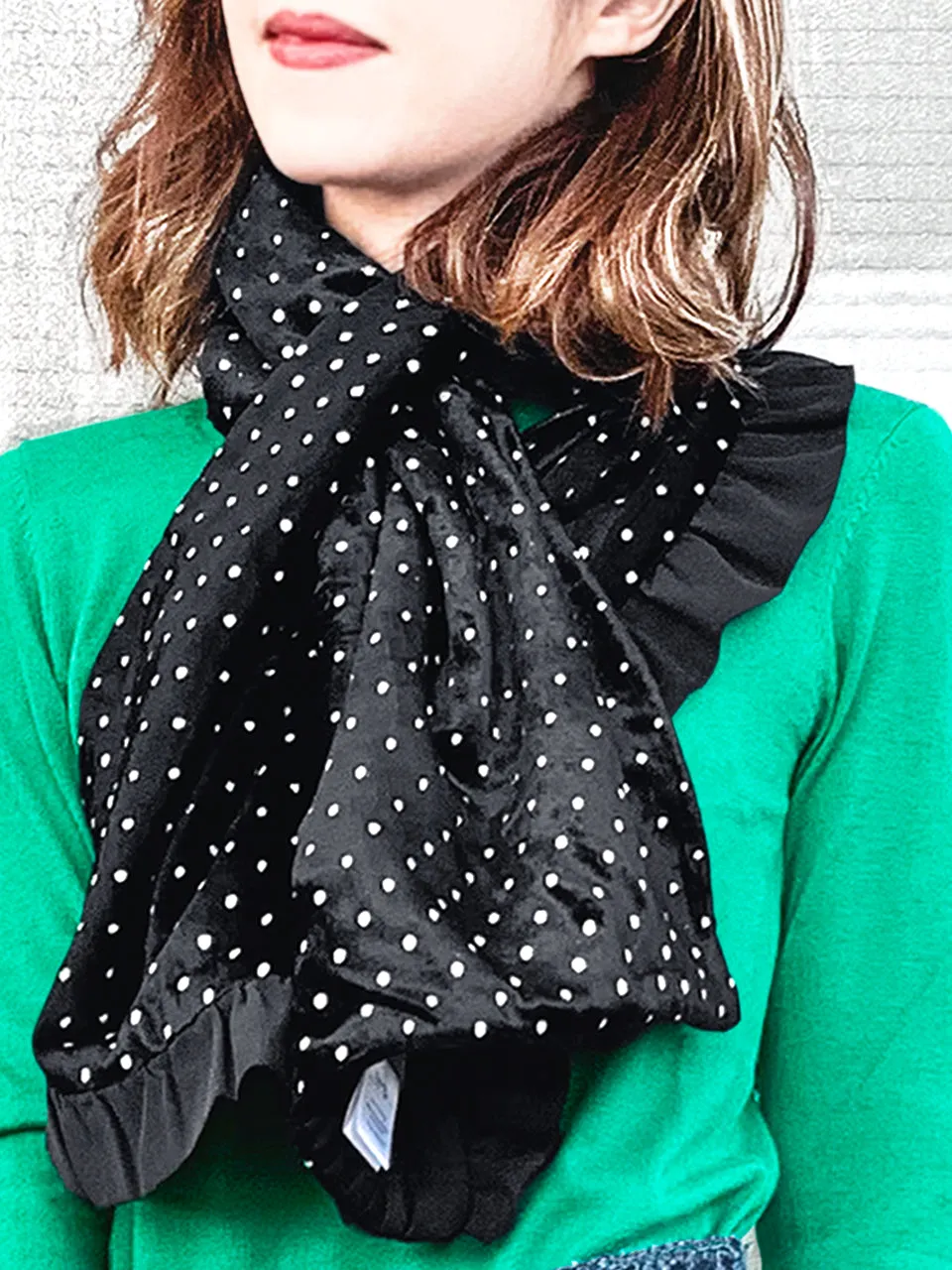 Surprise Sale! Reversible Velvet Dots & Embossed Houndstooth Ruffle Trim Pull Through Scarf