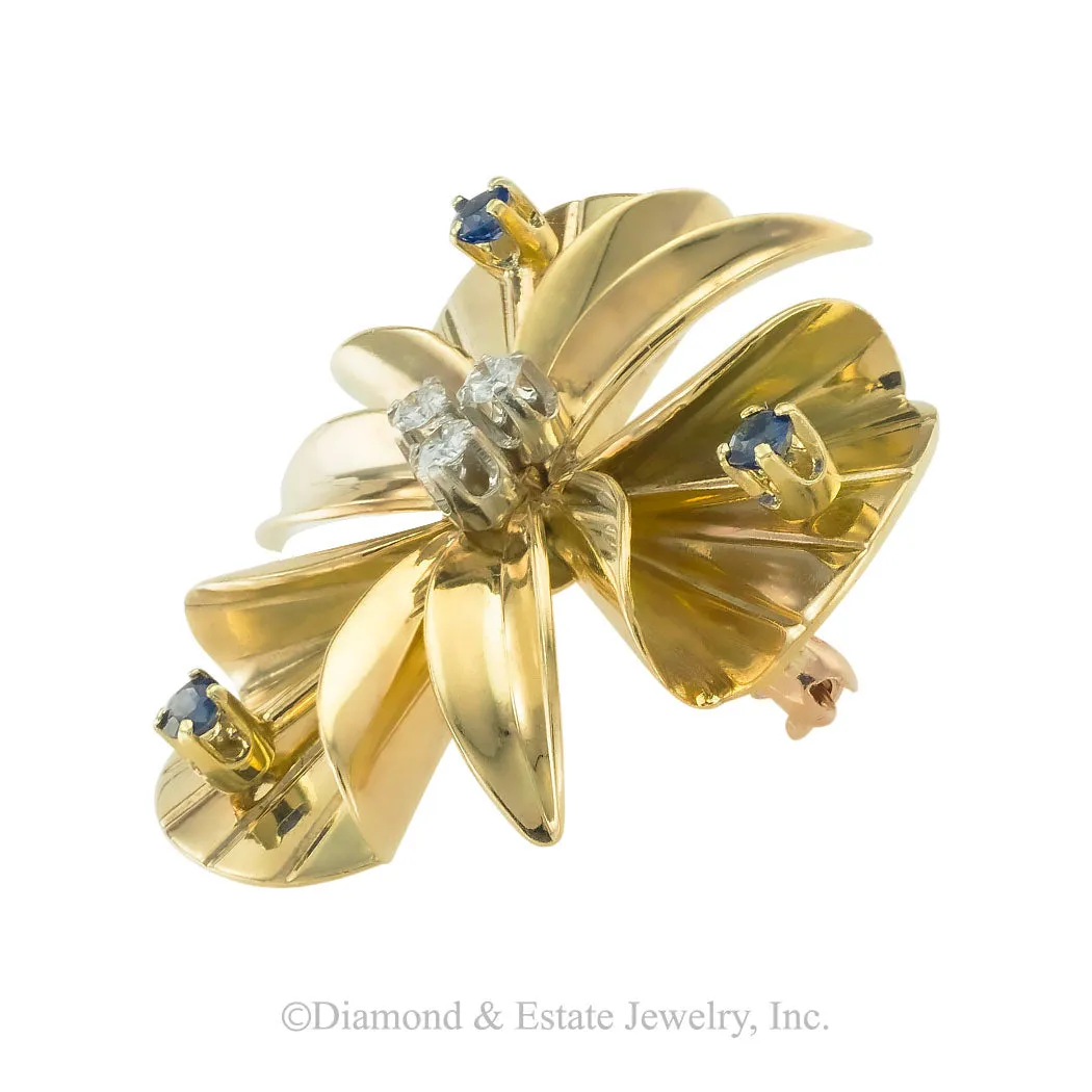 Tiffany & Co Diamond Sapphire Yellow Gold Orchid Brooch