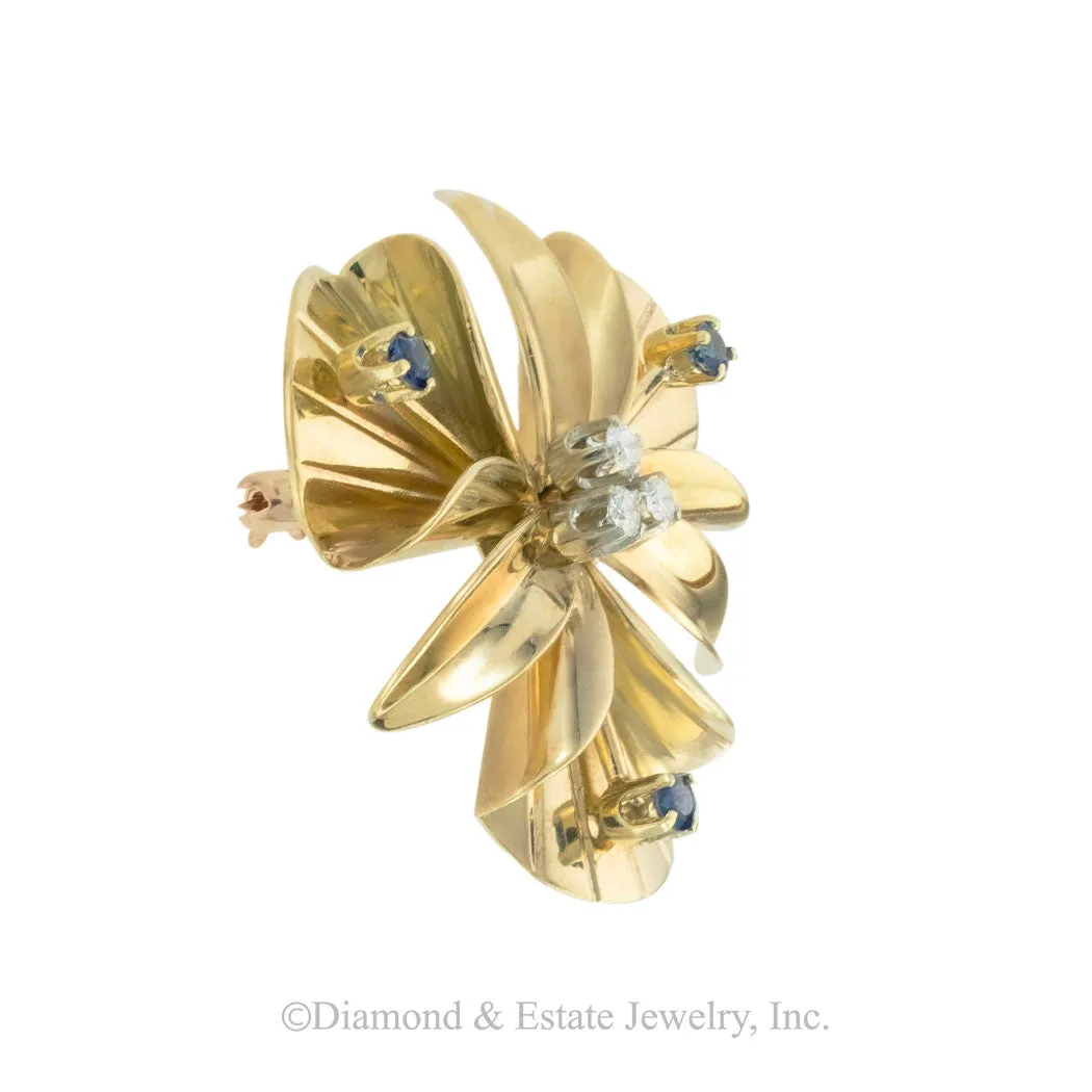 Tiffany & Co Diamond Sapphire Yellow Gold Orchid Brooch