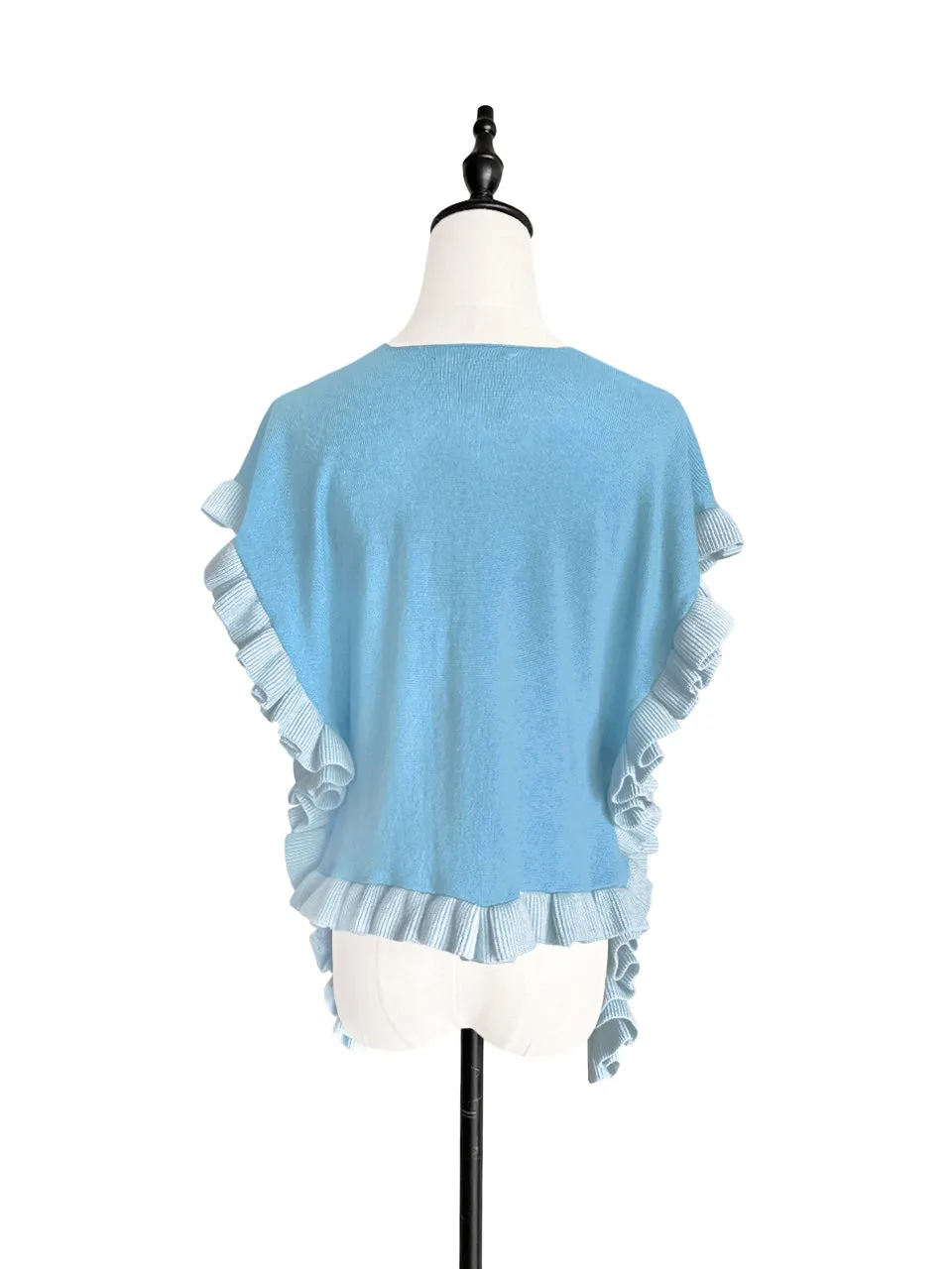 Tonal Blue Pleated Frills Wool & Cashmere Ruana - Scarf