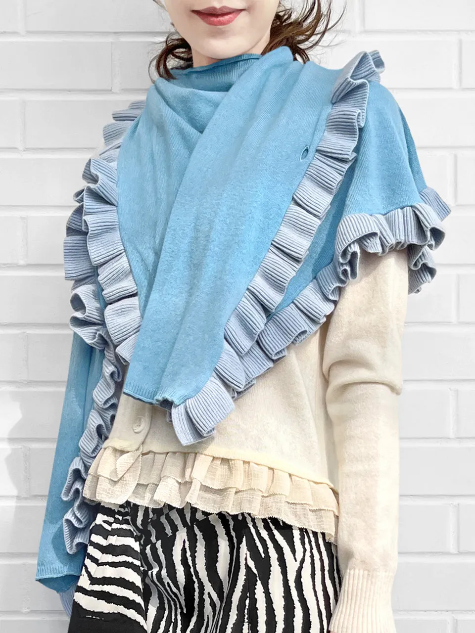 Tonal Blue Pleated Frills Wool & Cashmere Ruana - Scarf