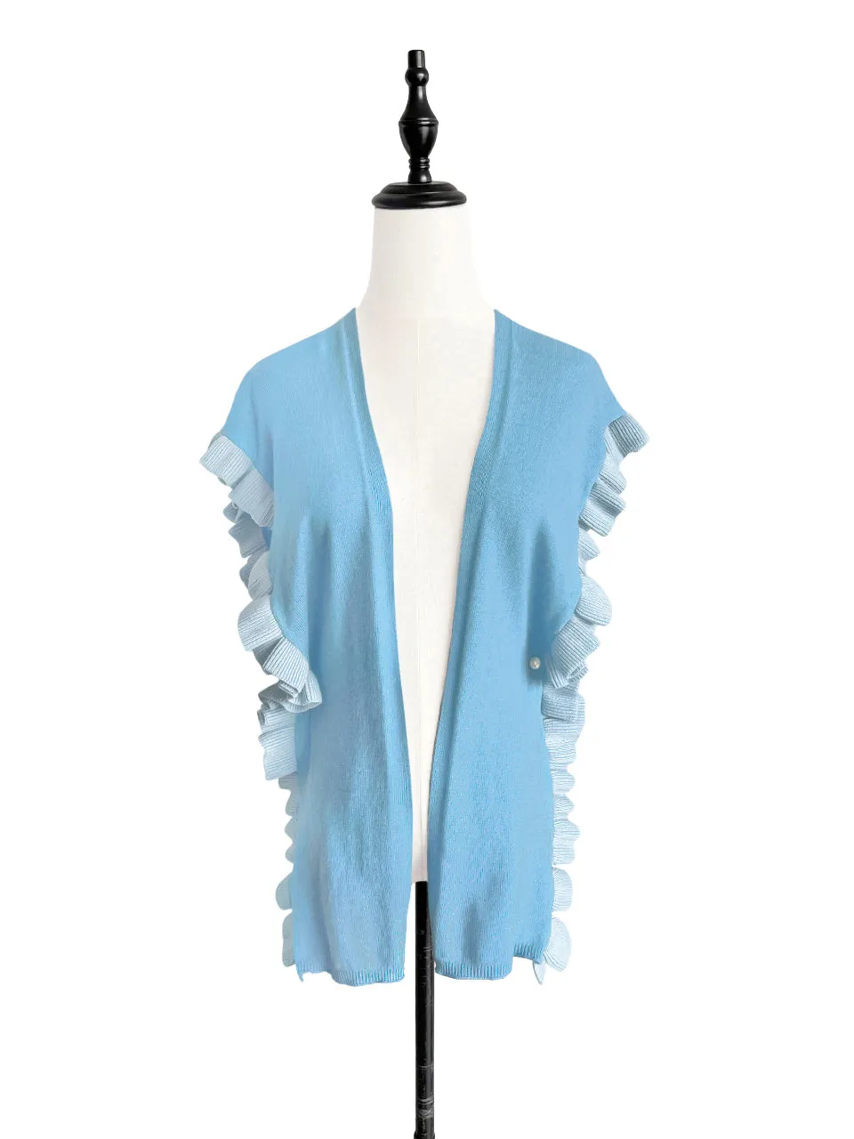 Tonal Blue Pleated Frills Wool & Cashmere Ruana - Scarf