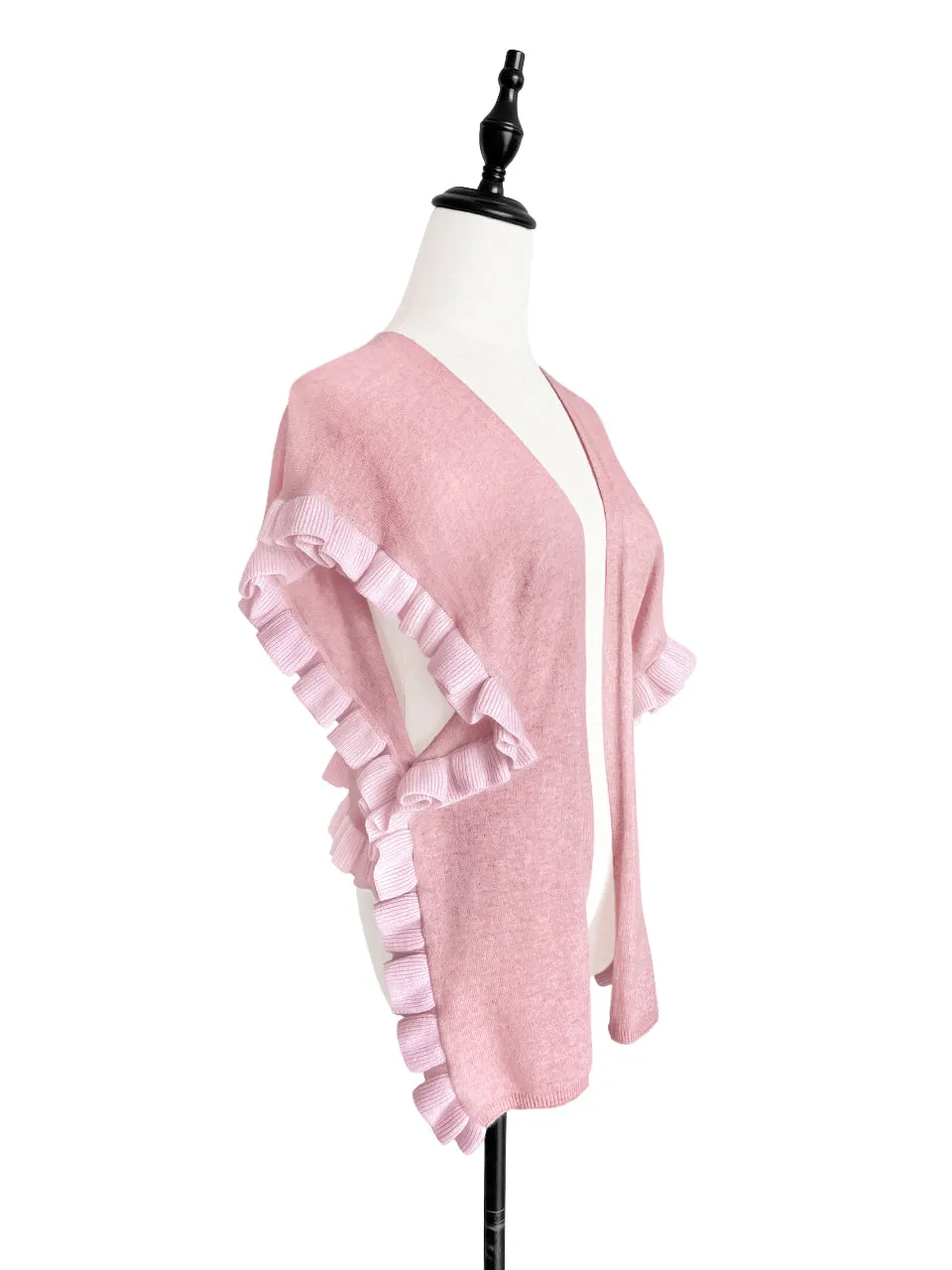 Tonal Pink Pleated Frills Wool & Cashmere Ruana - Scarf