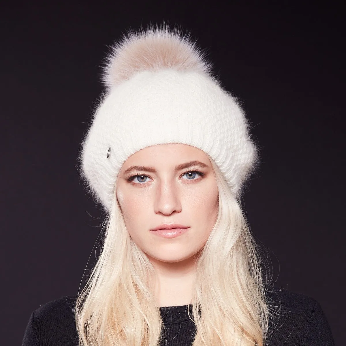 Stylish Virginia Angora Beret Hat with Upcycled Genuine Fur Pom