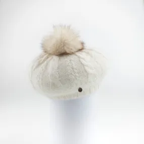 Stylish Virginia Angora Beret Hat with Upcycled Genuine Fur Pom