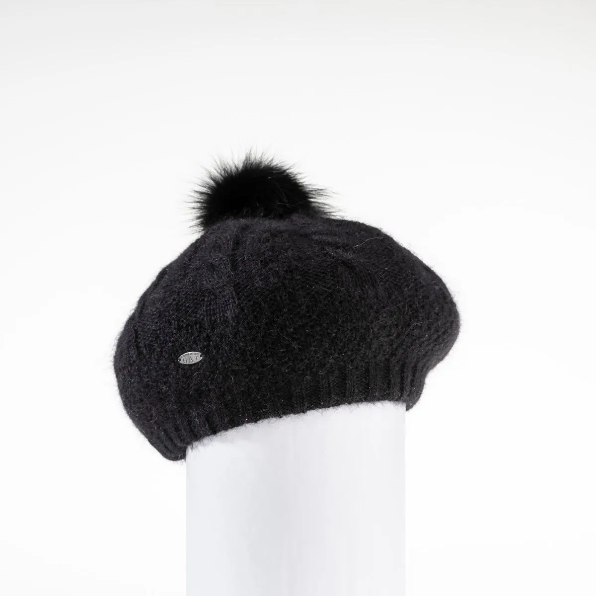 Stylish Virginia Angora Beret Hat with Upcycled Genuine Fur Pom