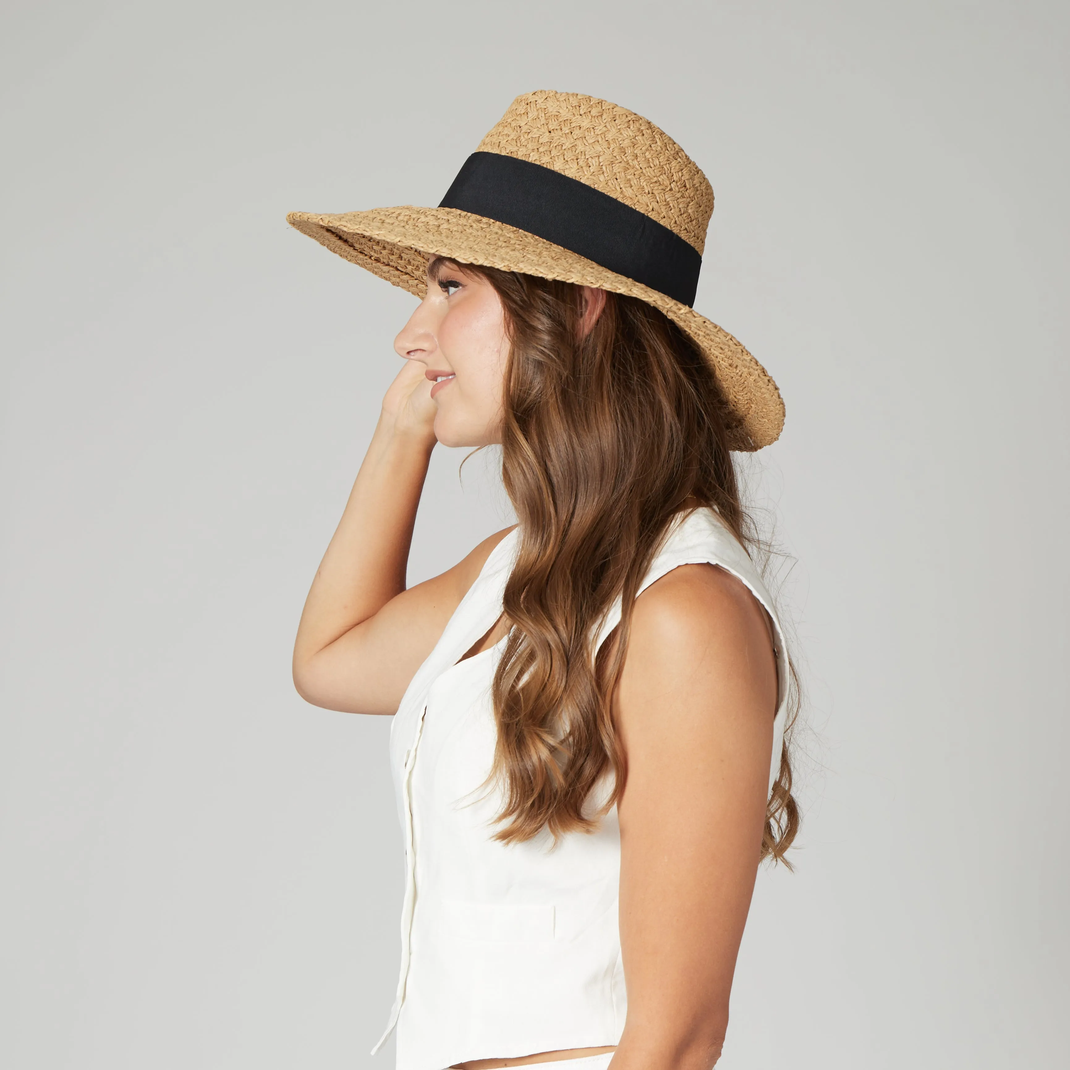 Women's Woven Paper Wide Brim Fedora With Grosgrain