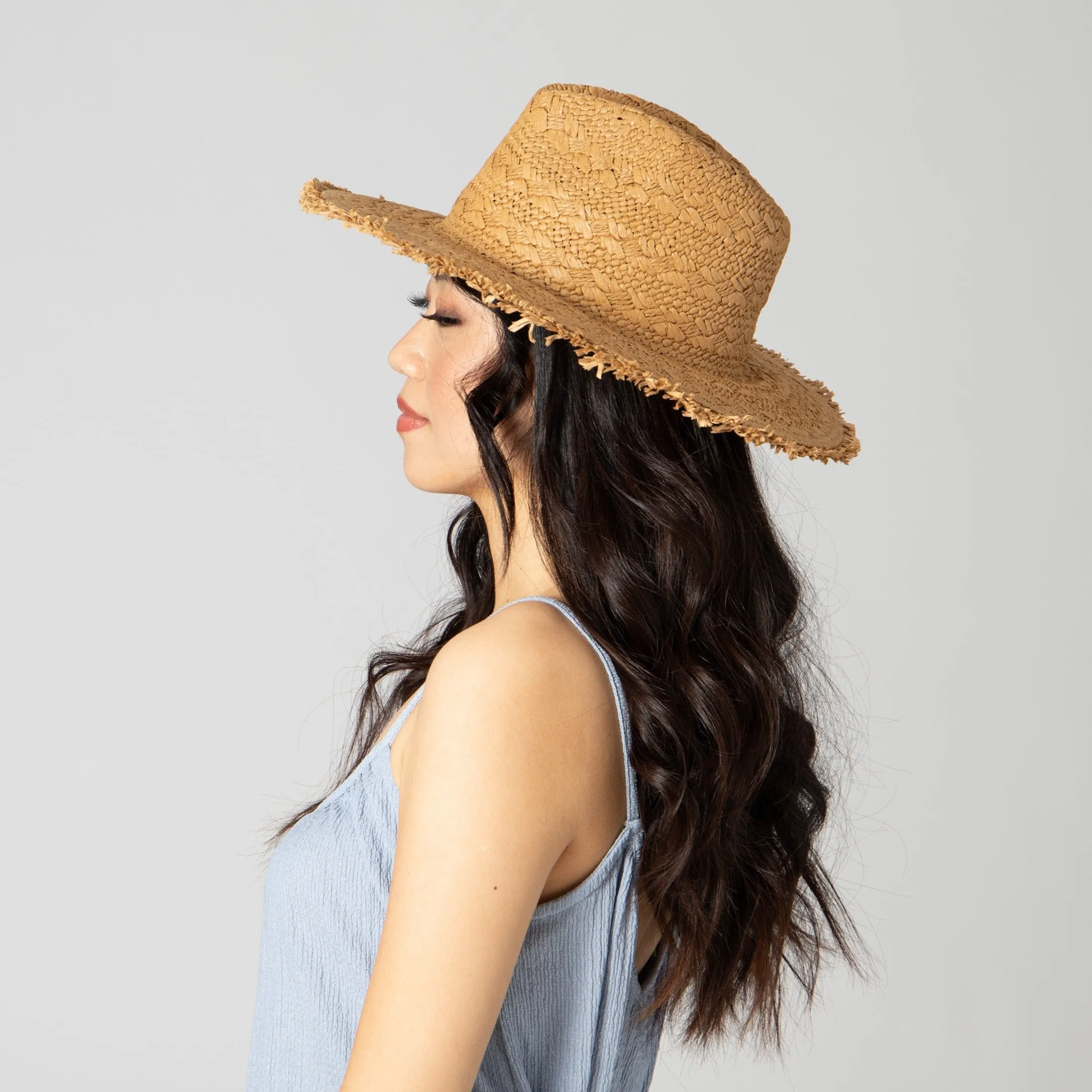 Women's Woven Pattern Fedora With Fray Edge